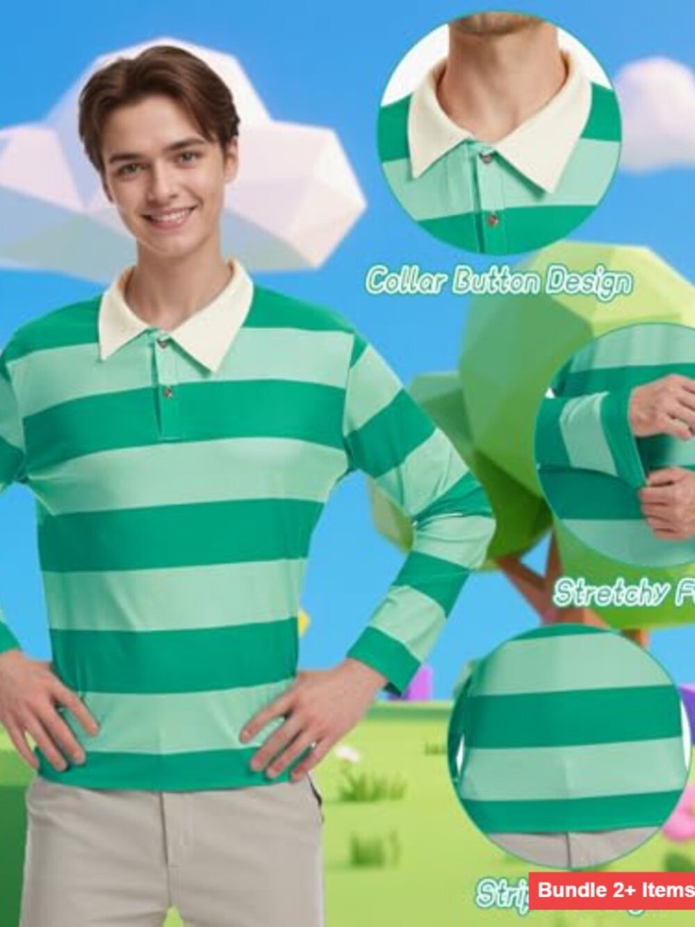 Men's Long Sleeve Striped Polo Shirt for Halloween Cosplay Costume - Picture 4 of 7